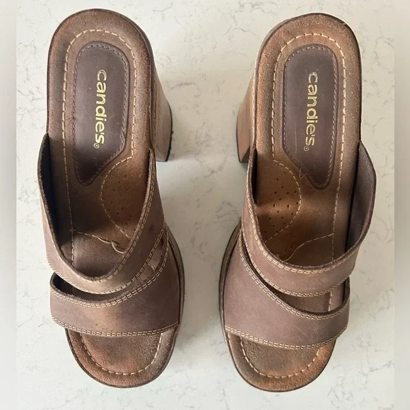 Vintage Y2K Candie’s Leather Platform Chunky Wooden Heel Sandals - Picture 13 of 13